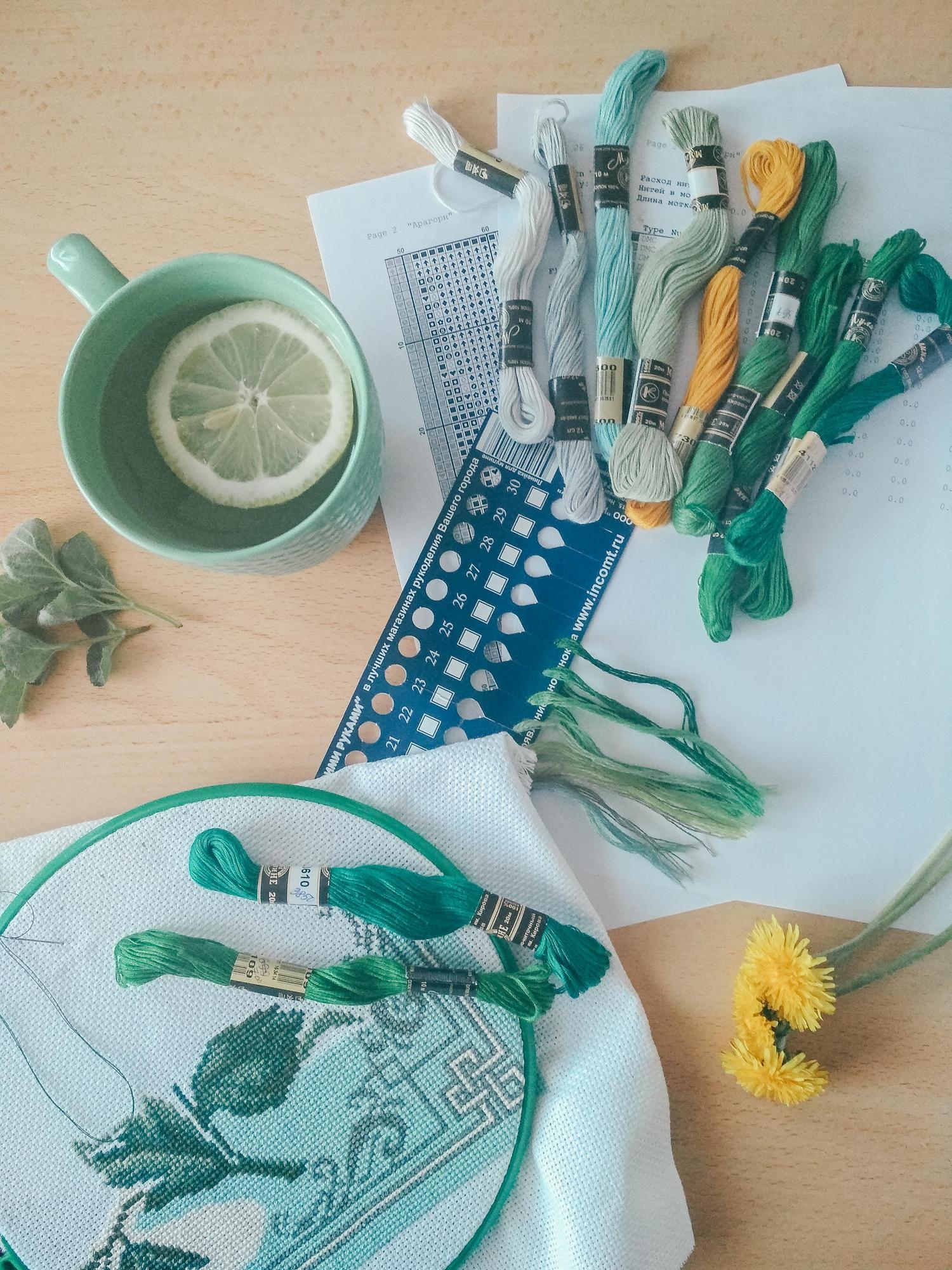 Close-up of embroidered sample and tools